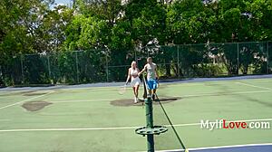 Blonde cougar's unexpected serve of hot American milfs on the tennis court